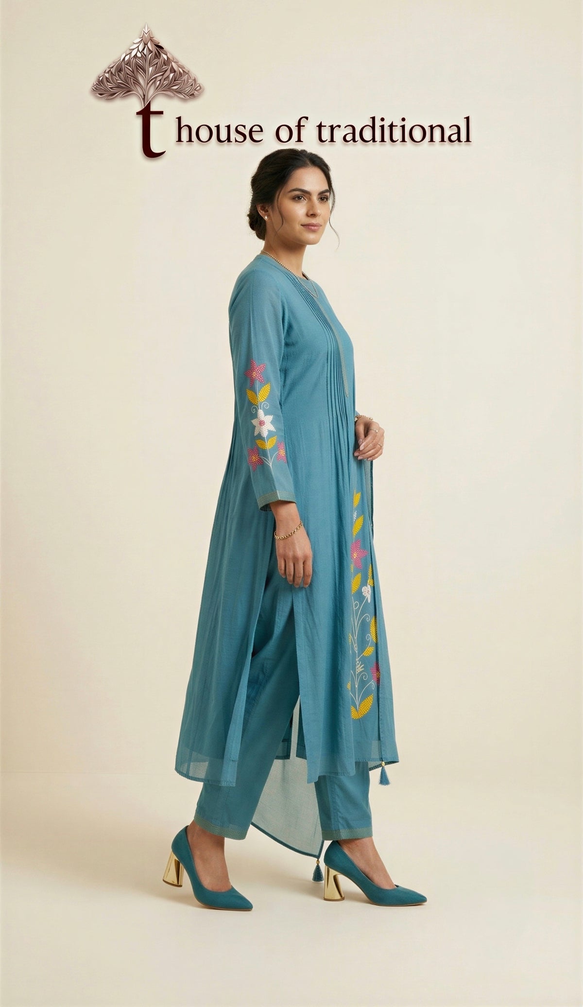Teal Blue Floral Embroidered Chanderi 3-Piece Suit Set