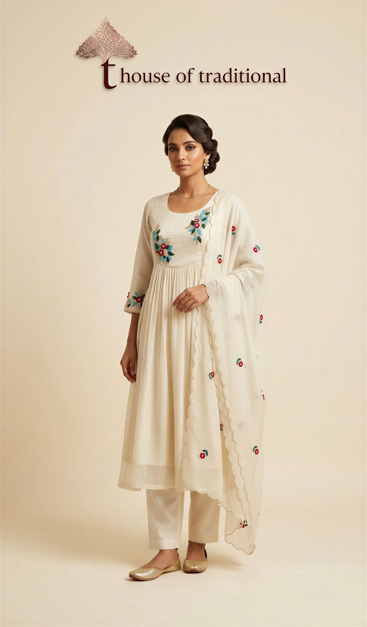 Ivory Floral Embroidered Anarkali 3-Piece Set