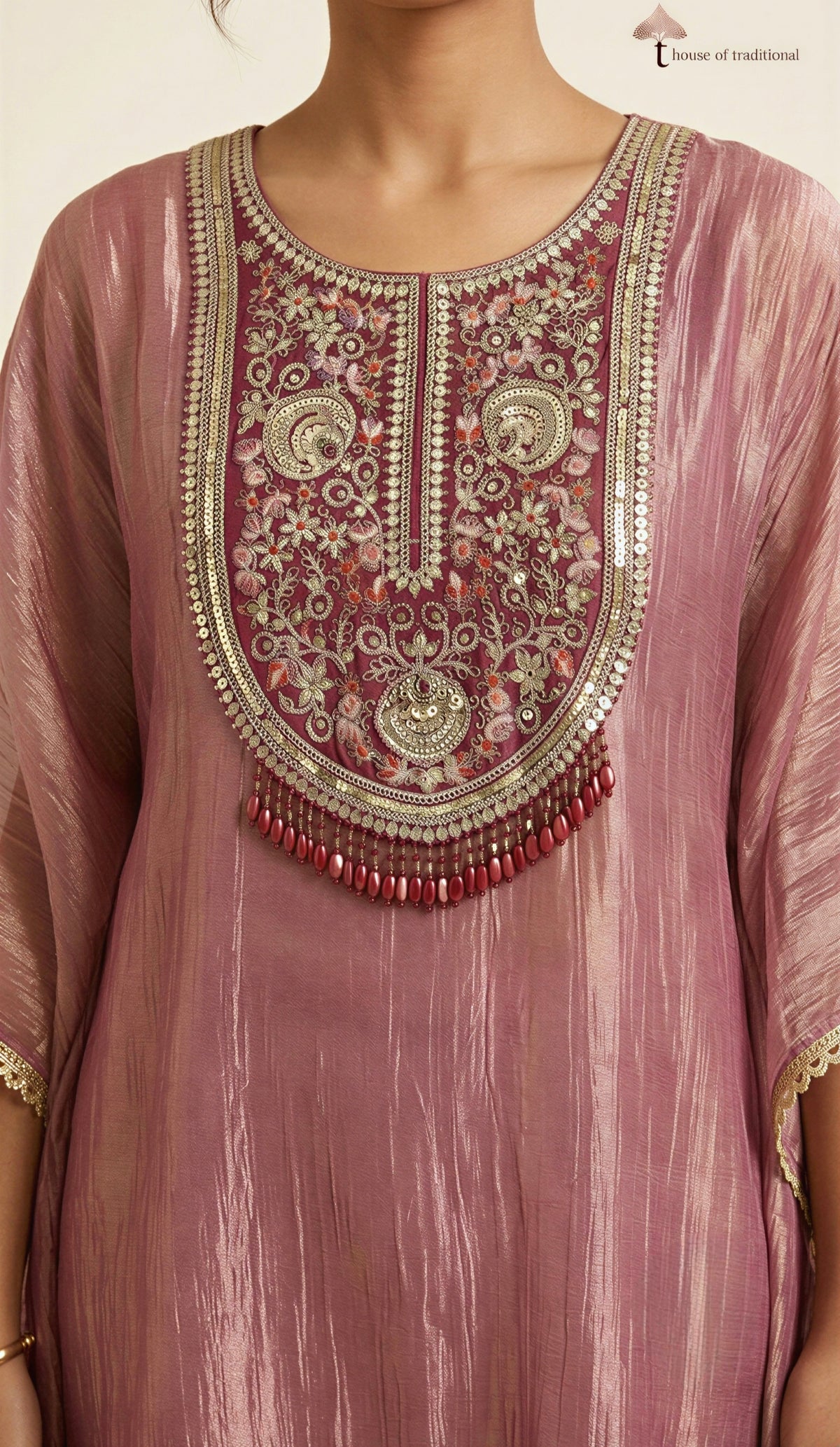 Dusty Rose Embroidered Crush Tissue Kaftan Co-ord Set